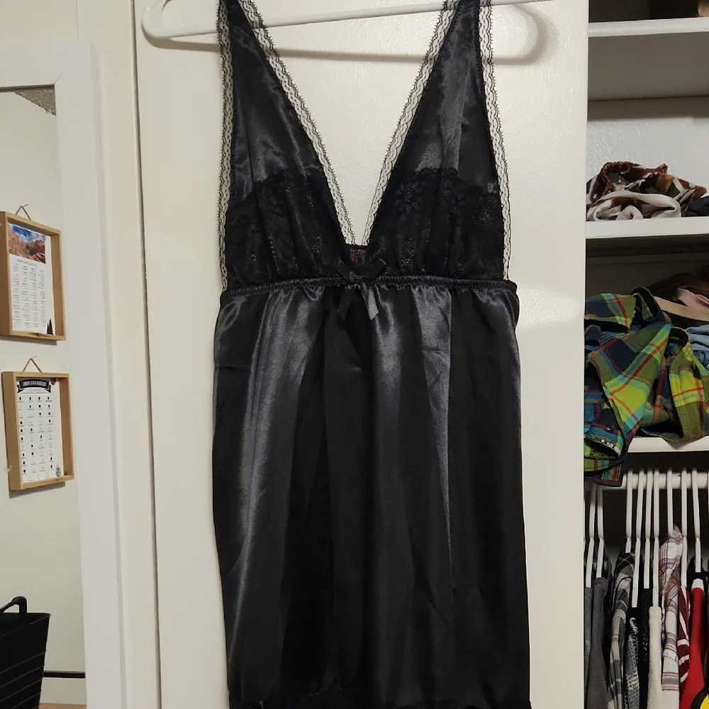 Music Legs Black Satin Chemise with Lace Detail - Picture 1 of 3